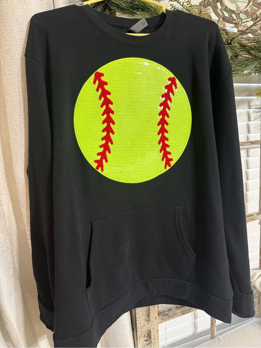 Extra large sequin Black Sweatshirt with Neon Yellow Softball Graphic